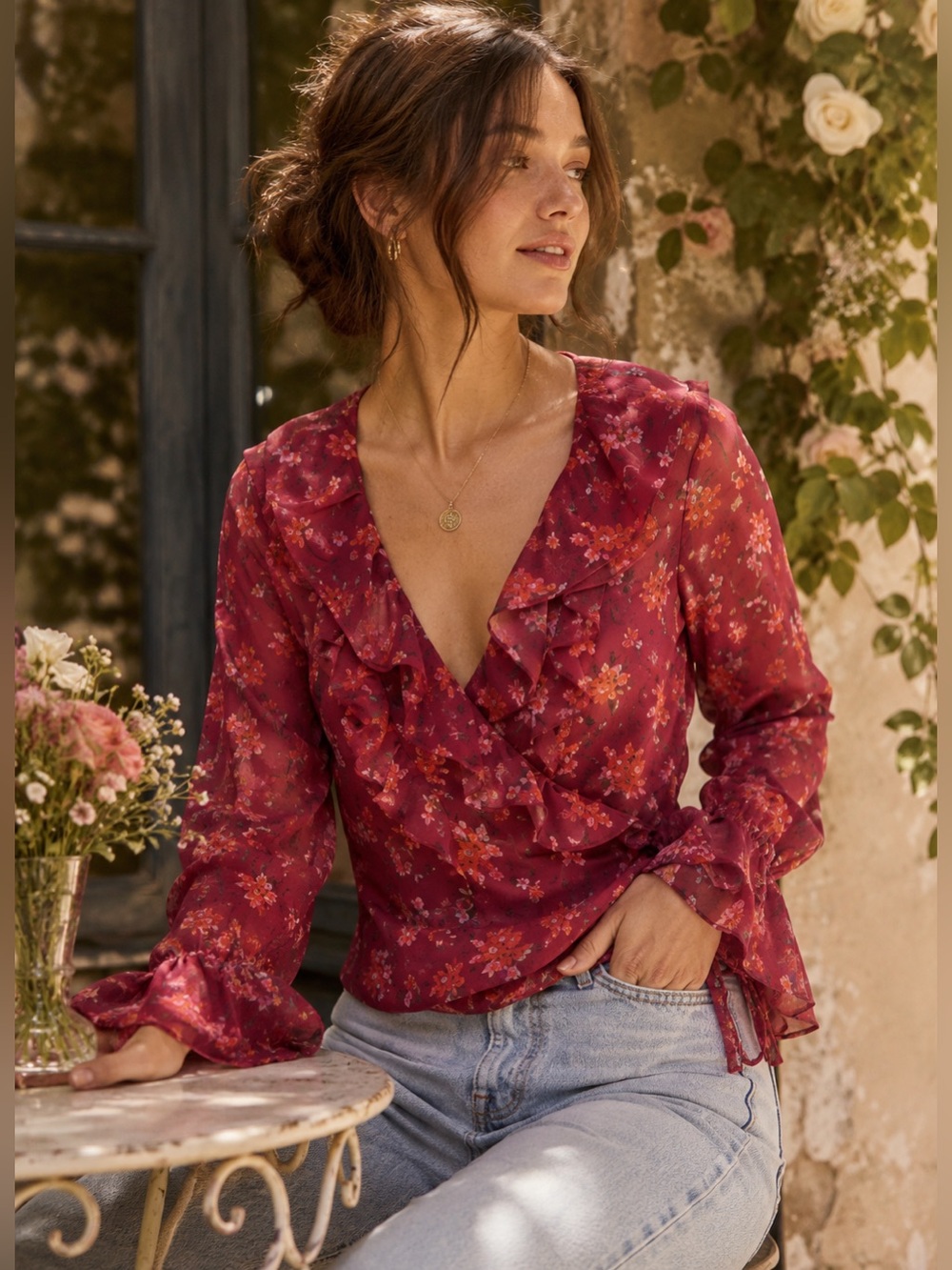 Free People Floral Ruffle Wrap Top Size S Boho Cottagecore NWT Dainty Casual
